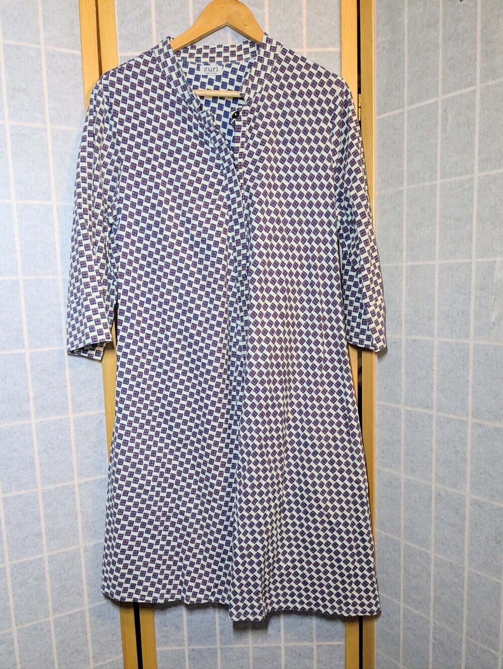 Zuri Kenya Dress Long Sleeve White Blue Squares Dots Size Medium Midi